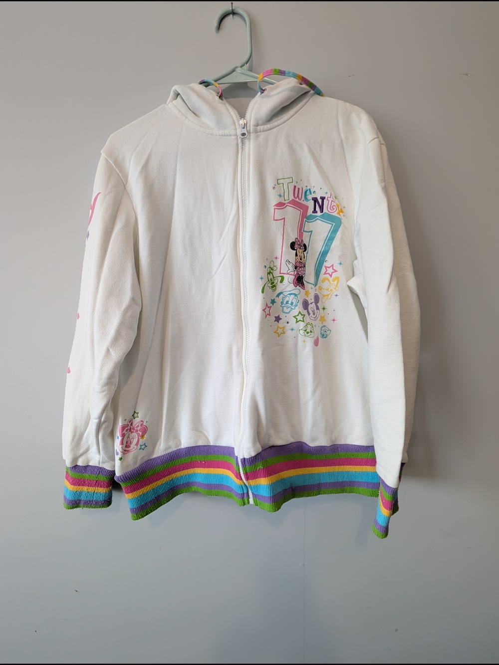 Disneyland Resort Characters 2011 Women's White Zip Hoodie Pastel Rainbow Trim
